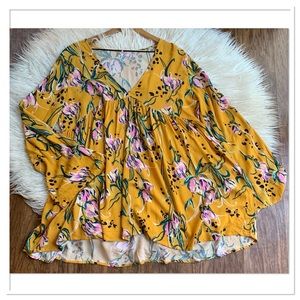 Free People Bella Floral Print Tunic Top Dress V Neck Yellow Pink Size Medium